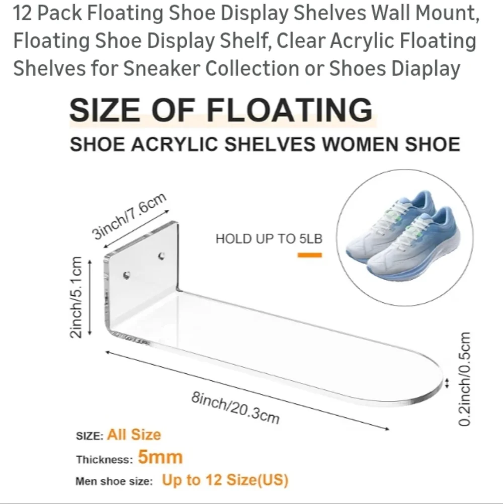 12 Pack NEW Clear Acrylic Floating Shoe Display Shelves